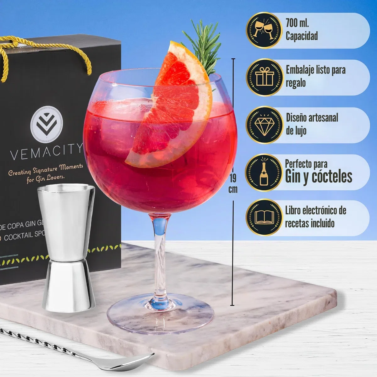 Vemacity Gin Tonic Glass for Gin Lovers - Juego de 2 vasos G&T hechos a mano. Cuchara de cóctel Plata, taza medidora de doble cara y copas de cóctel altas | E-Book Recetas Gratis (INGLÉS)