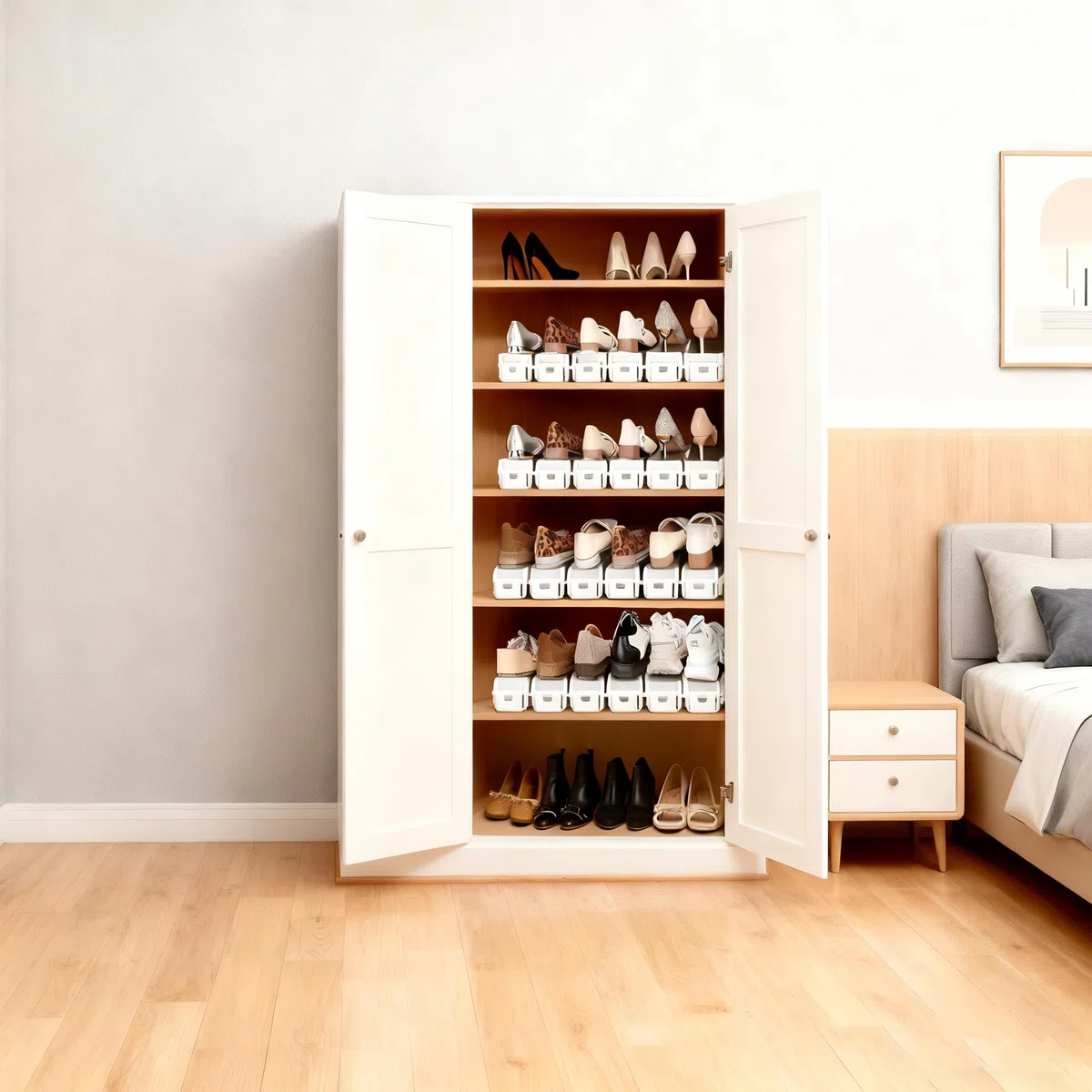 Organizador de ranuras para zapatos, paquete de 20 – Apiladores de zapatos ajustables de 4 niveles, ahorro de espacio 50%, soportes de doble capa para armario (blanco)