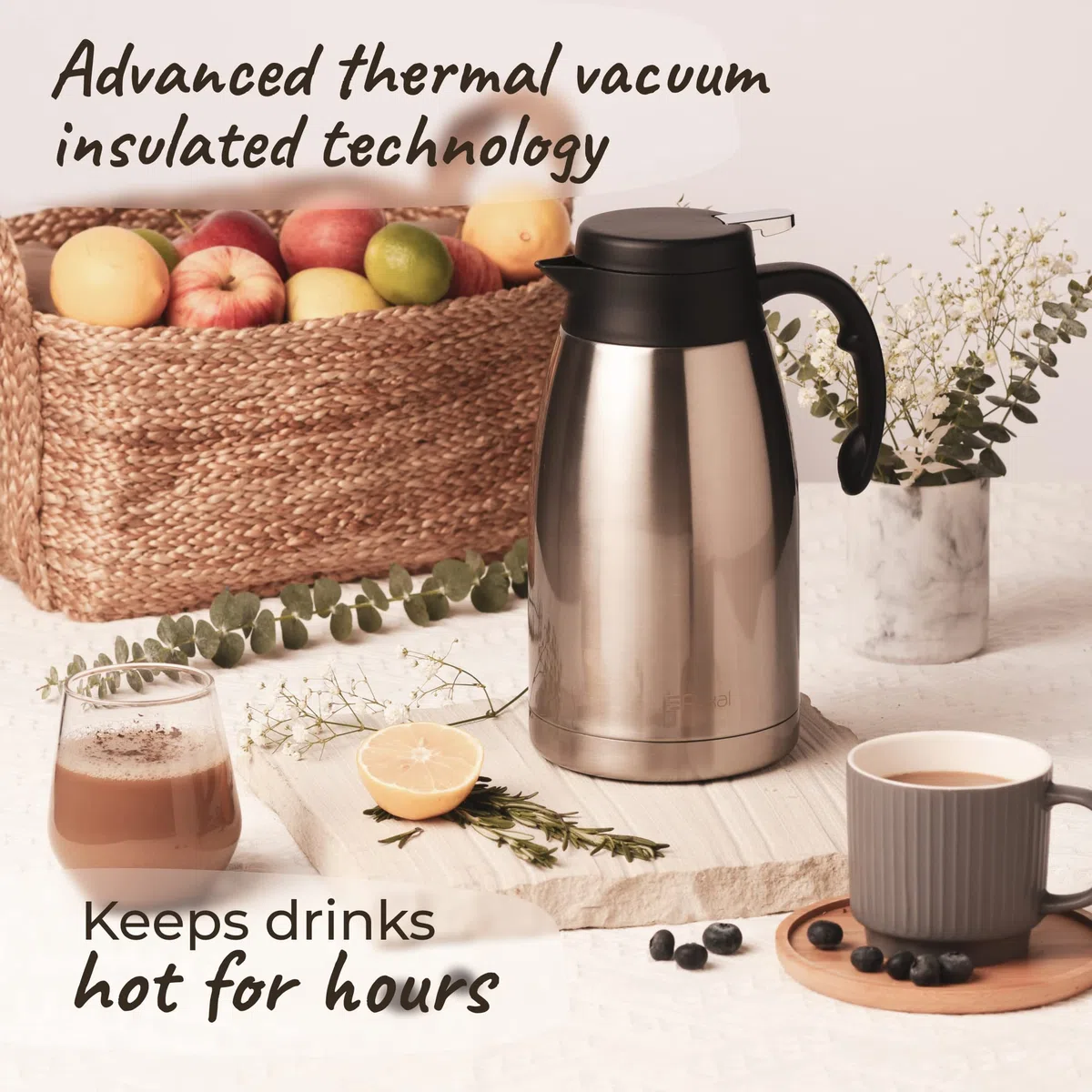 Termo para Cafe - 2 L - Agua Aislada al Vacío 24HR 60C - Jarra Termica Grande de Acero Inoxidable para Mantener tu Bebida Caliente - Cepillo Gratis