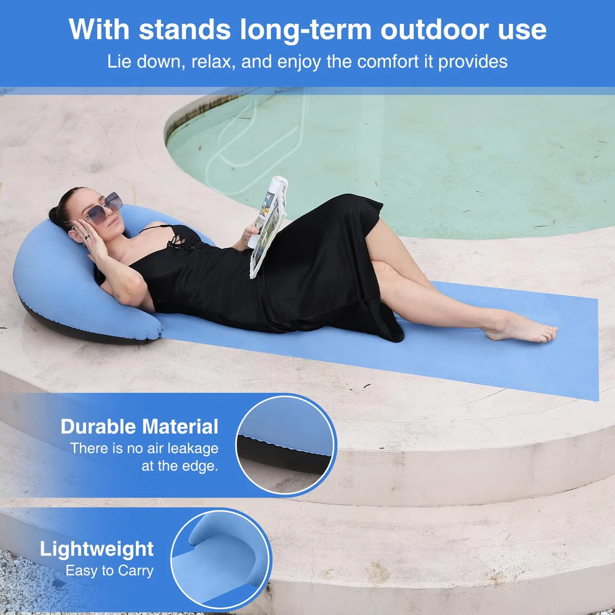 ROUSKY Esterilla de playa con almohada inflable, esterilla portátil, 178 x 76 cm (azul)