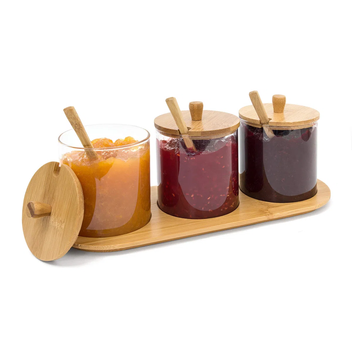 Relaxdays - Bandeja y contenedores para Especias Jiao, 12 x 31 x 12 cm, bambú y Vidrio, cucharas Tapas, Estilo Asiatico