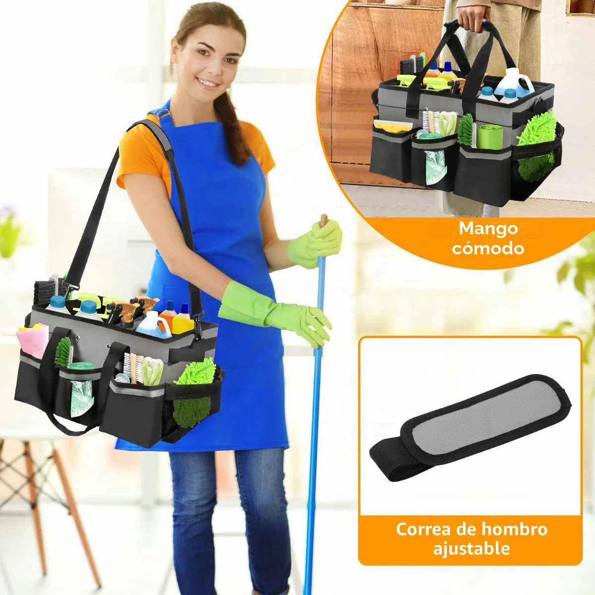 Organizador Caddy Limpieza Grande, Bolsa Limpieza Portátil con Asa y Correas, Carro limpieza con 5 Divisores Plegables, Multifunción Espesado Cesta de Herramientas para Casa, Coche, Jardín (gris)