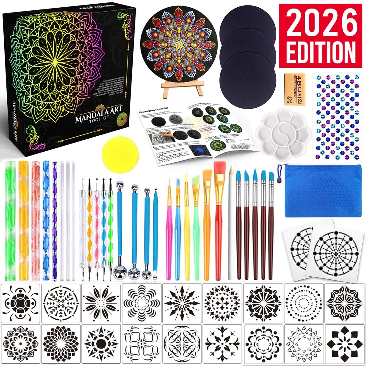 Kit Herramientas Puntillismo Mandala (Dotting Tools), Set para Pintar Piedras con Plantillas, Punzones y Pinceles. Estuche para Manualidades, Nail Art, Cerámica, Adultos y Niños, Idea de Regalo