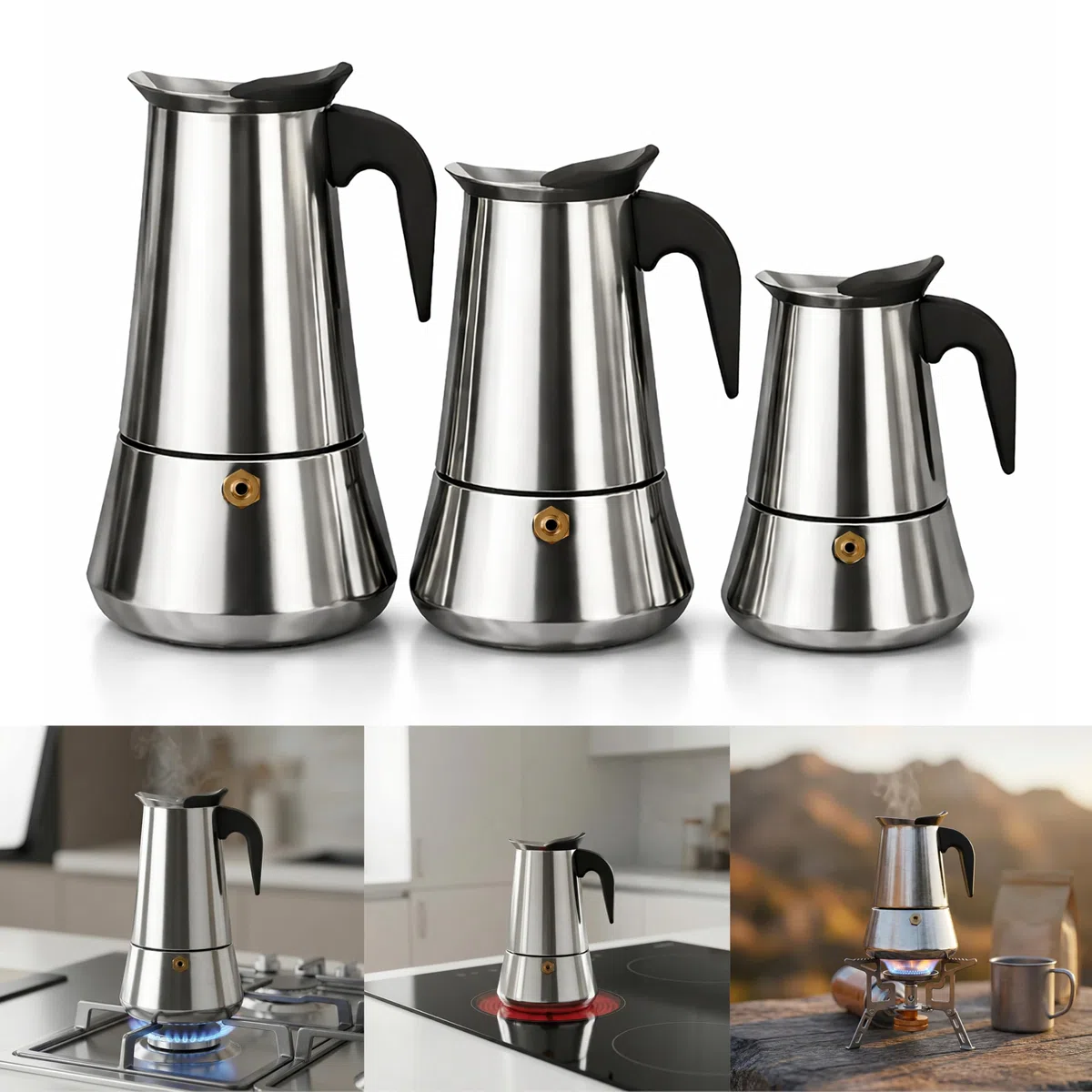 CAFETERA ITALIANA ~ Cafetera Italiana Inducción ~ Cafetera Italiana Acero Inoxidable ~ Cafetera 9 Tazas(450ml) ~ Coffee Maker ~ Compatible Con Todos Los Tipo De Cocinas: Gas, Vitrocerámica e Inducción