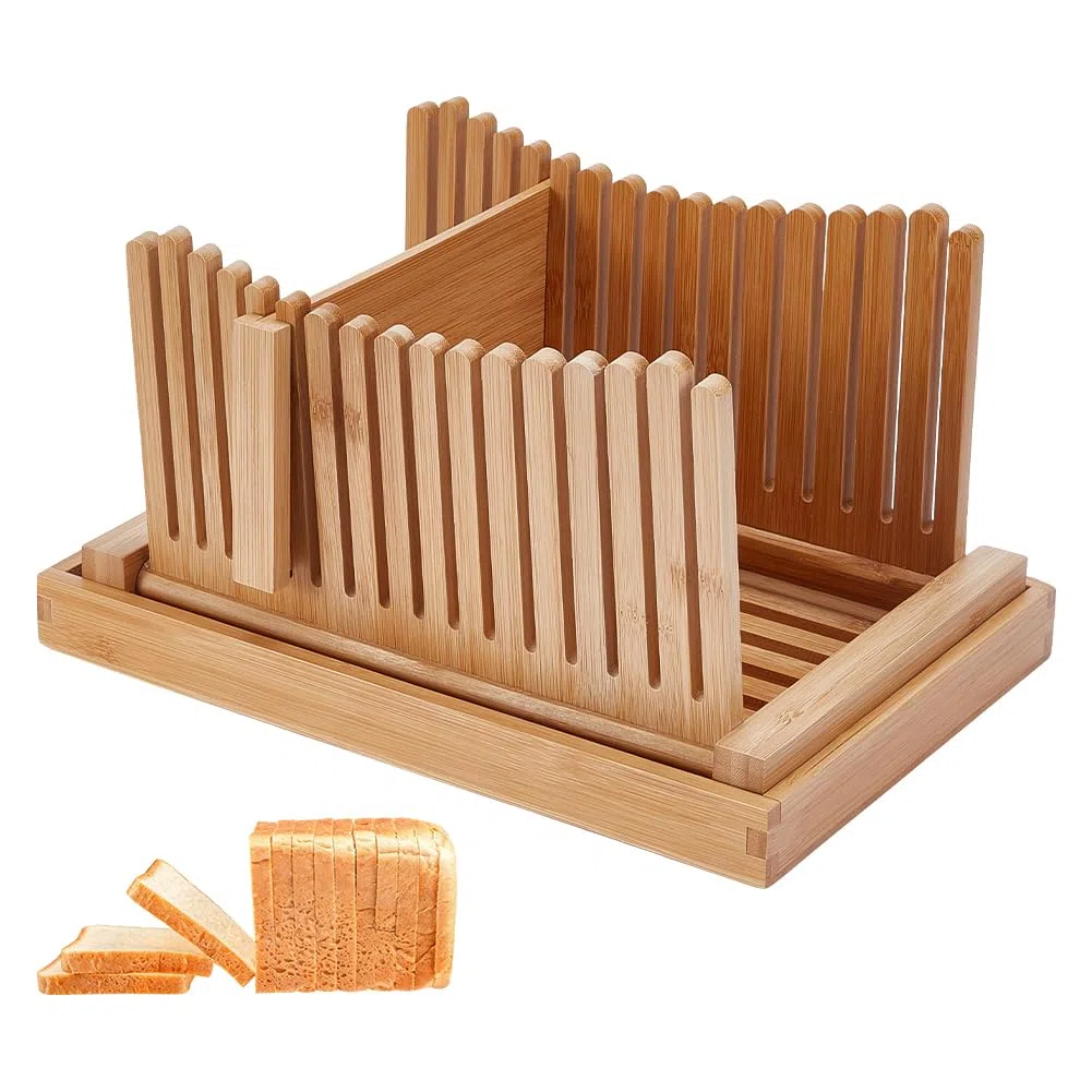 UNICRAFTALE Cortador de pan de bambú ajustable con bandeja para migas, cortador de pan de 31,7 x 21,6 x 17 cm para guía de cortador casero para masa madre, bagels, pasteles, panes, utensilios de