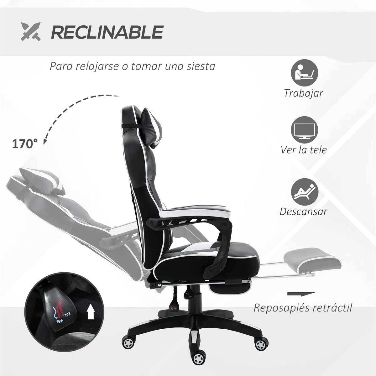 Vinsetto Silla Gaming Regulable en Altura 65x70x118,5-128,5 cm Blanco | Ergonómica, Silla de Escritorio de Oficina, Respaldo Reclinable, Reposapiés, Reposacabezas, Cojín Lumbar, Ruedas