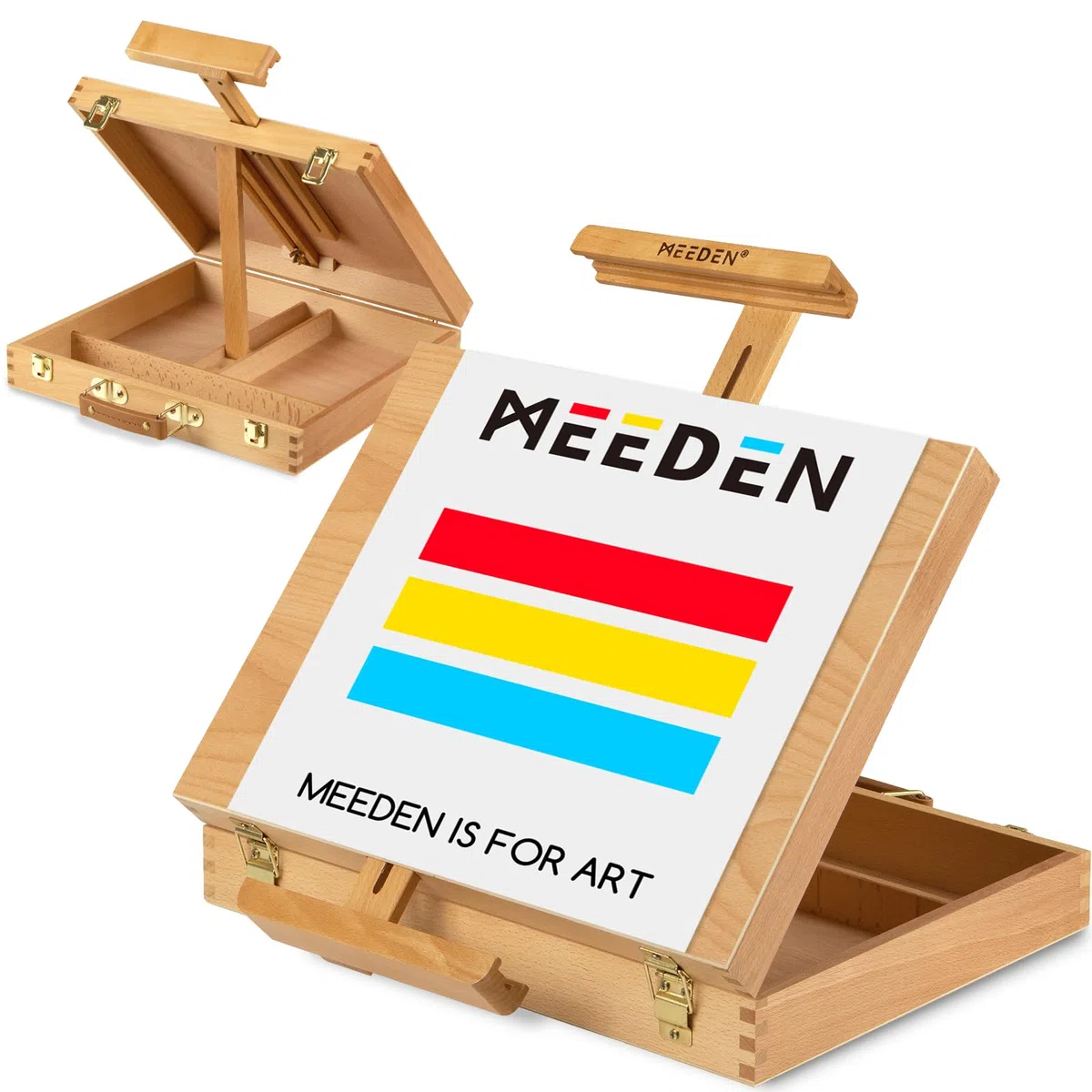 MEEDEN Caballete de mesa, caja de madera maciza de haya para almacenar suministros de arte, pinturas, caballete de arte para artistas, pintura para principiantes, sostiene lienzos de hasta 28''.