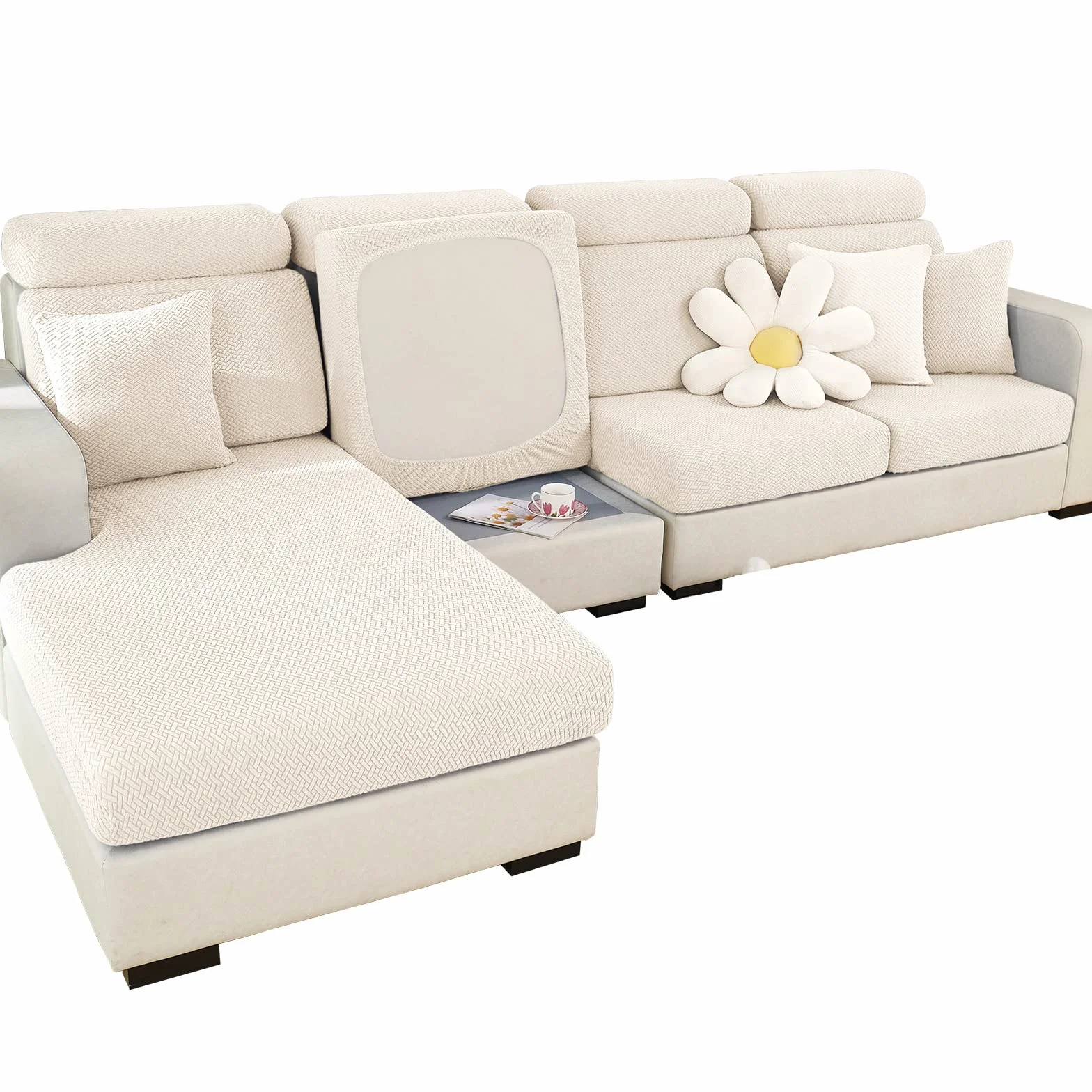 SHANNA Ajustable Funda Sofa 3 2 1 Plazas Chaise Long, Funda para Sofa Cubre Elástica Resistente al Desgaste, Universal Protector de Asiento Fundas de Cojín (Tejido Blanco, Funda para Chaise)