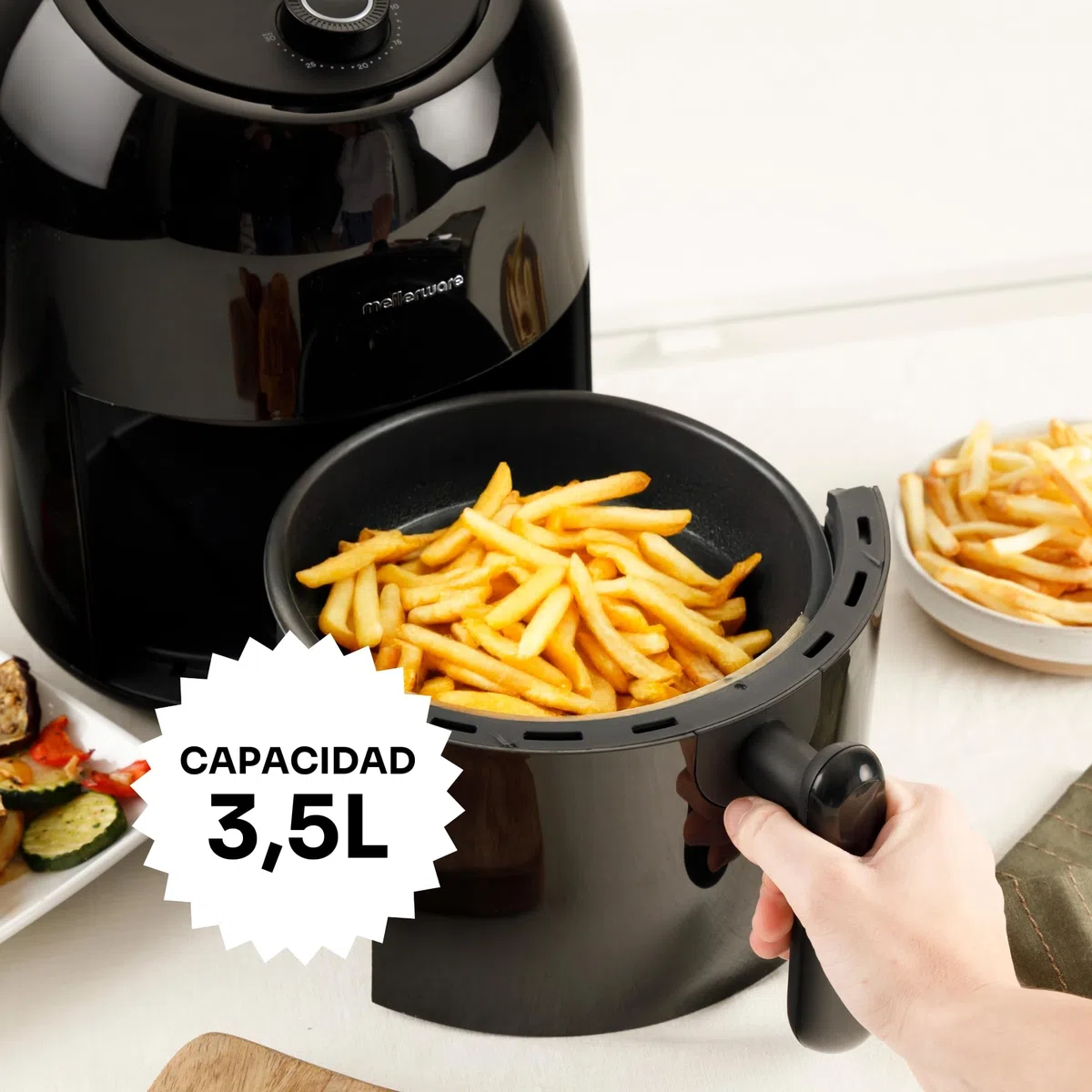 Mellerware - Freidora sin Aceite Crunchy Medium 1000W, 3,5 l, Temporizador Programable, Air Fryer 80-200ºC, Sin BPA/PFOA, Freidora de Aire Análogica, Negro