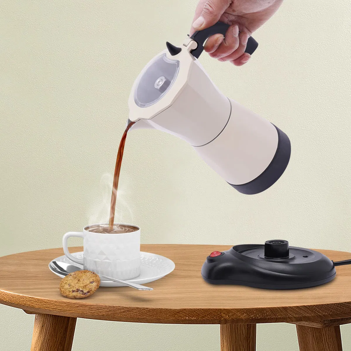 Máquina de café espresso para 6 tazas, cafetera eléctrica con base, cafetera eléctrica, urna de café, 300 ml (blanco crema)