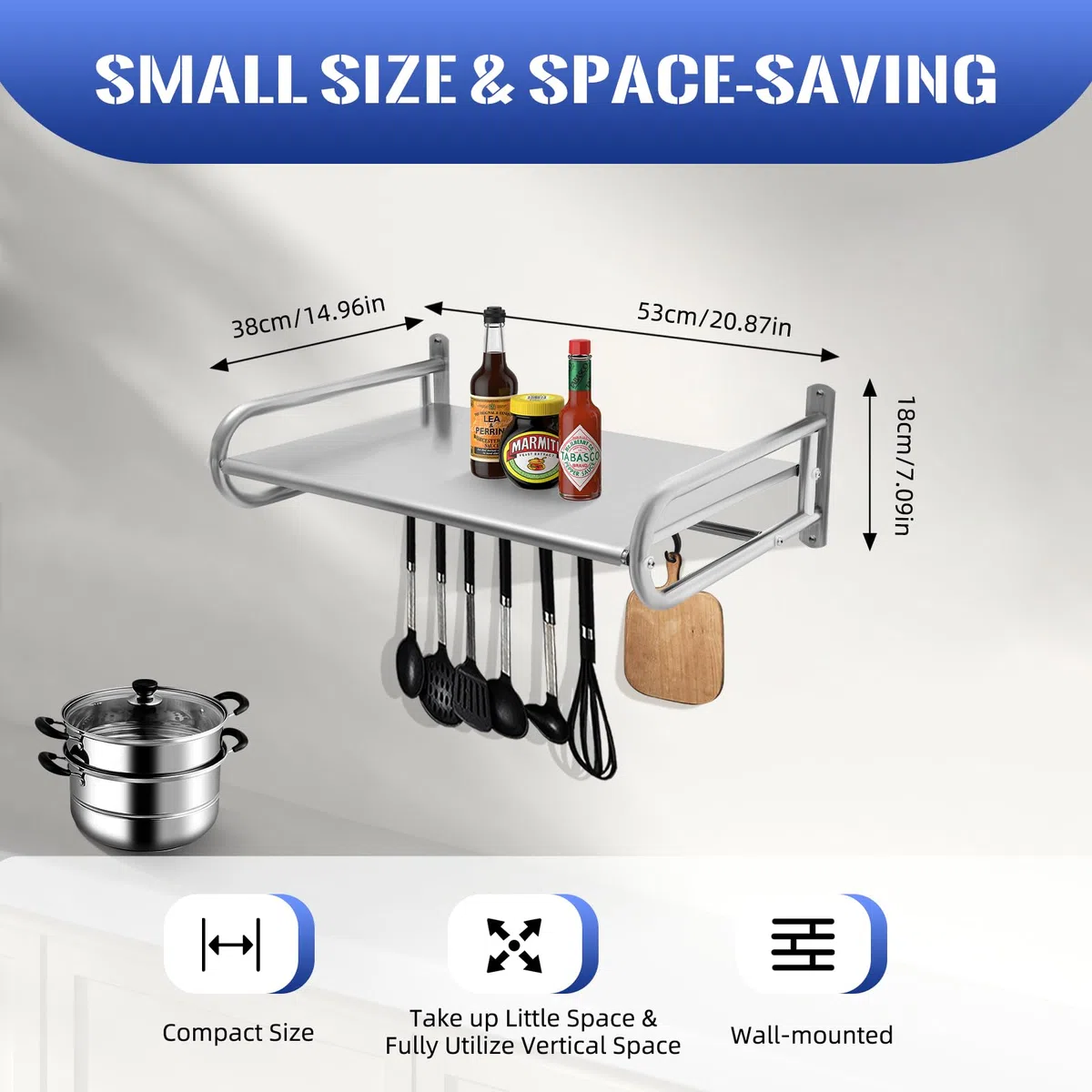 Soporte de pared para microondas, estante para microondas, con 6 ganchos, acero inoxidable hasta 30 kg, soporte de pared de almacenamiento de cocina, para colocar diversos objetos y
