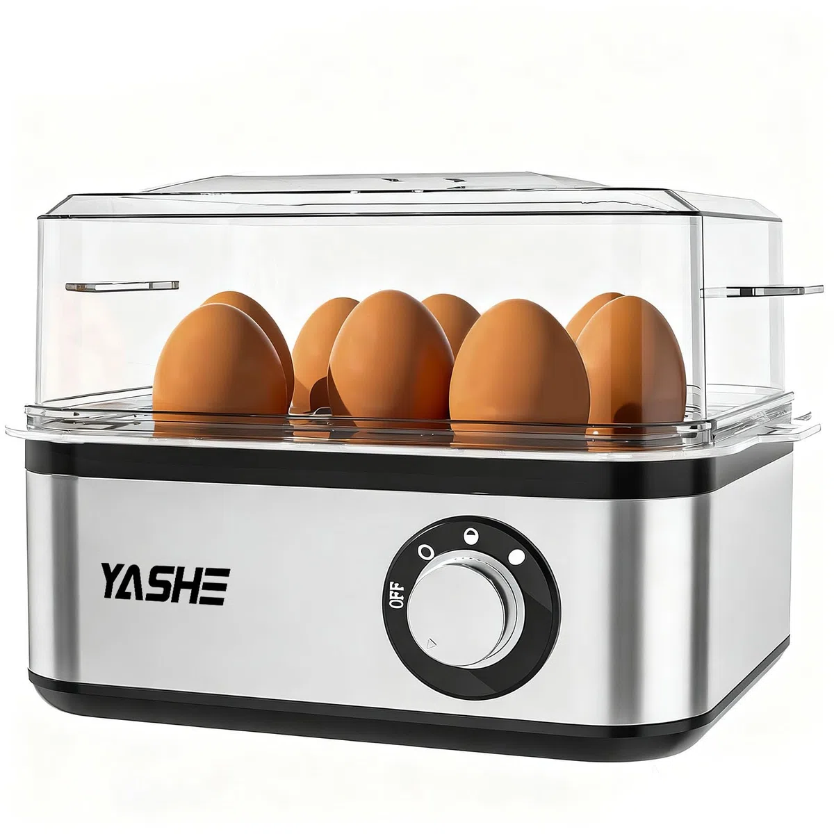 YASHE Cocedor de huevos, 8 huevos duros, para escalfar huevos, recipiente para tortillas y vaso medidor, Fabricado en acero inoxidable, Incluye función para escalfar huevos, libres de BPA