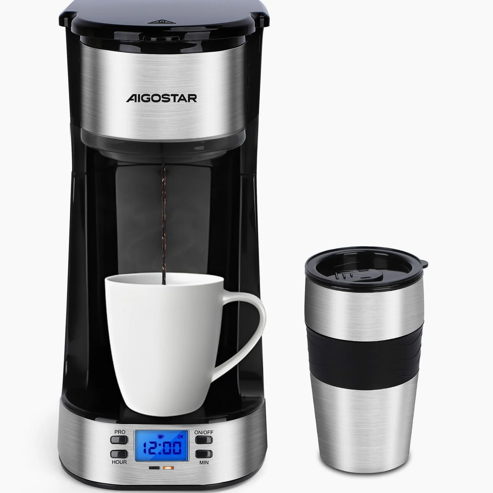 Aigostar Coffey - Cafetera de Goteo con taza aislada, Programable 24H, Pantalla LCD, 420 ml, Función AutoClean, Cafetera con Filtro Reutilizable, Máquina de Café Portatil para Café Molido, 700W, Negro