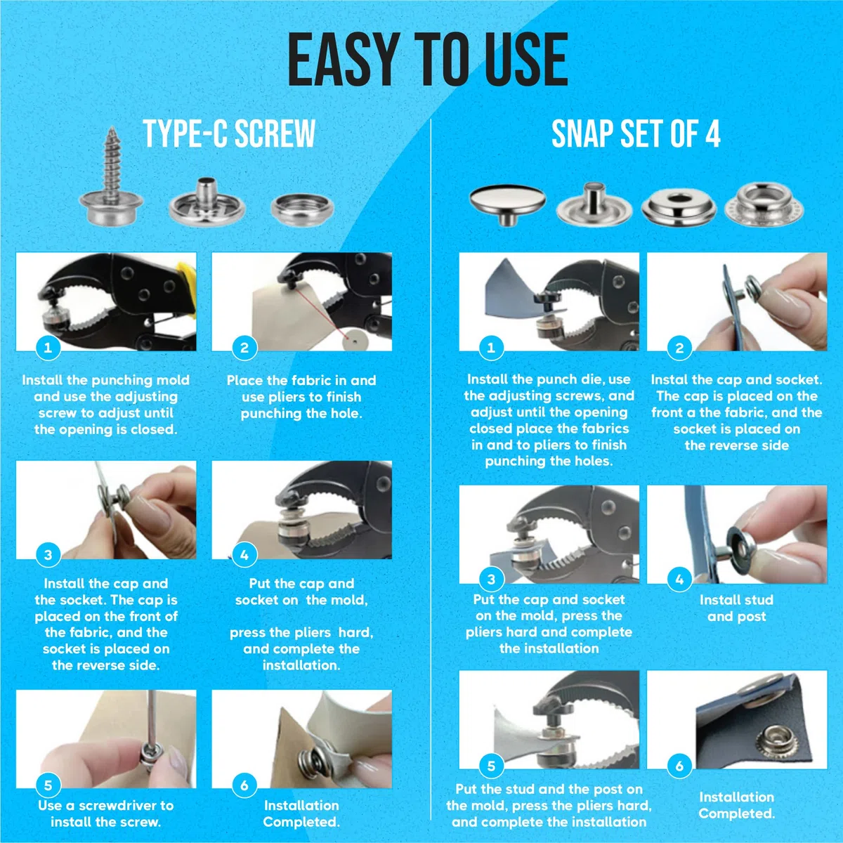 HAKKEN Herramienta de cierre a presión resistente ajustable con 3 troqueles magnéticos y 210 broches, broches de acero inoxidable de 15 mm, para cubierta de barco, reemplazo de broches de metal