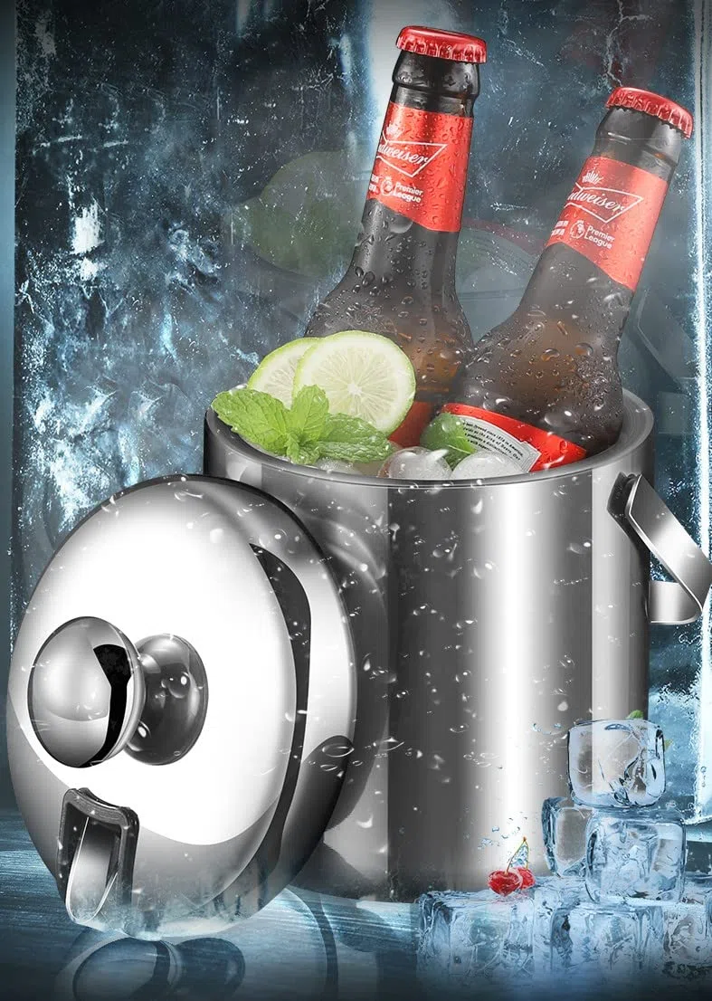 JZK Cubo de hielo de doble pared de acero inoxidable 1.3L 304 con con pinza y tapa, cubiteras cerveza portátil con mango para picnic, hielera, enfriador de vino al aire libre, contenedor cubo hielo