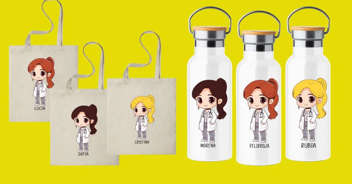 Pack Botella termica + Bolsa personalizada con ilustracion de medica, regalo para medicos ideal, elige el color de pelo y el nombre. (Pack botella + bolsa médica personalizada MORENA)