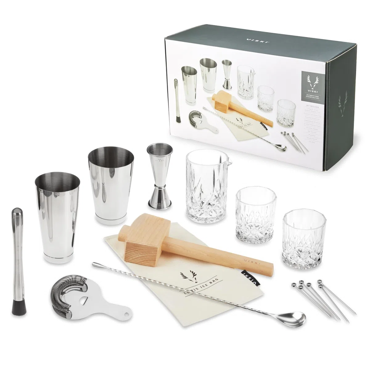 Viski El kit de camarero y el juego de utensilios de bar incluye coctelera Boston, vaso mezclador, medidor, mortero, colador, cuchara de bar, vasos de whisky, bolsa de hielo, mazo y palillos de cóctel