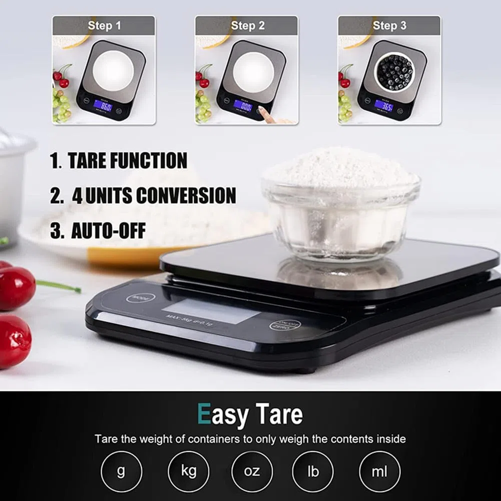 Bascula De Cocina Impermeable IP67, 0,01 Oz/0,1 G Alta Precisión, 11 Lb/5 Kg, Lavable, Plataforma De Pesado De Acero Inoxidable, Bascula Cocina USB Recargable Para Cocinar, Hornear, Perder Peso, Etc.