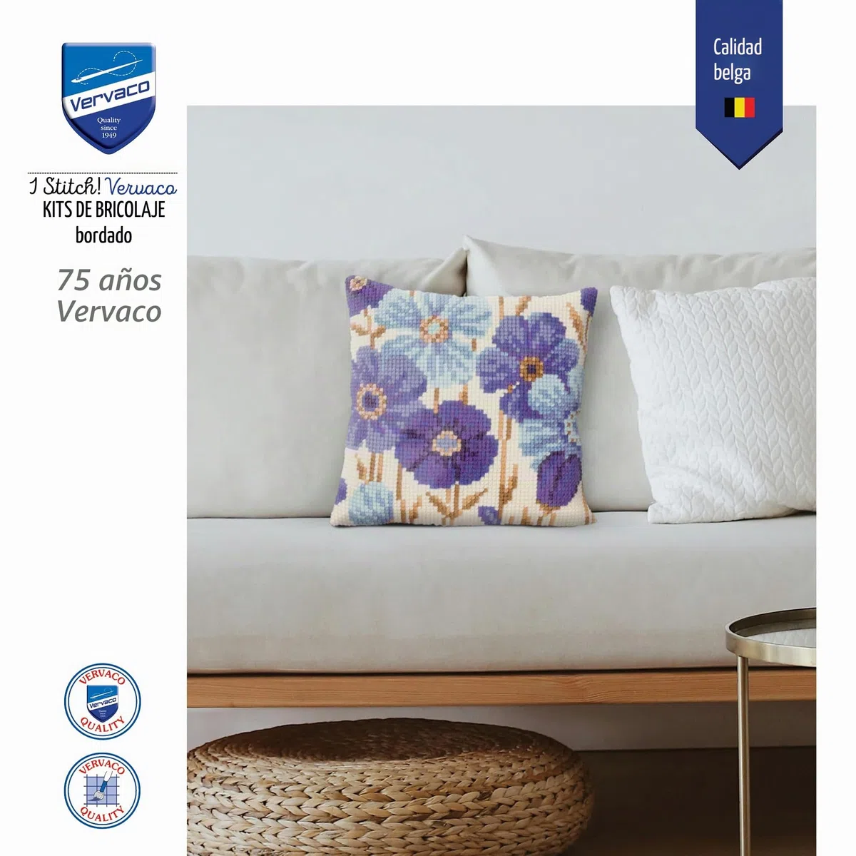 Vervaco Punto De Cruz Kit Cojin Decorativo ANÉMONAS AZULES Manualidades Adultos Decoracion Bordar Kit Principiantes Completo DIY Bordado Creativo Regalo ca. 40x40 cm Cross Stitch Embroidery
