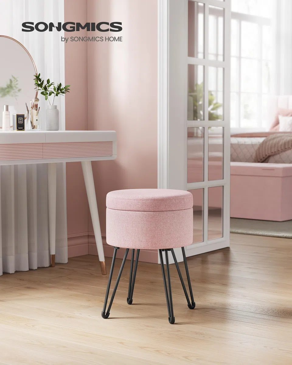 SONGMICS Puff Almacenaje, Baul Almacenaje, Banco Almacenaje Redondo, Taburete de Tocador, 39 x 44,1 cm, 4 Patas de Metal, Asiento Acolchado, Rosa Jalea LOM002R01