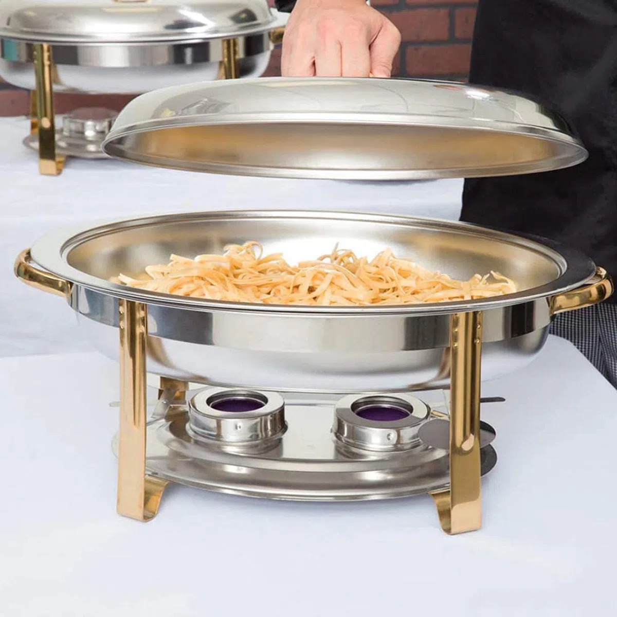 Juego de platos para rozaduras de 6 cuartos de galón, calentador de buffet ovalado con bandeja para alimentos, bandeja de agua, marco, tapa y soporte de combustible para catering y eventos