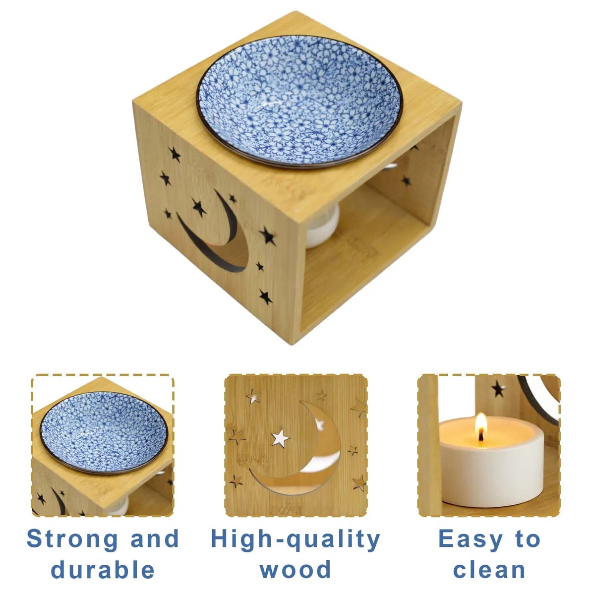 Quemadordecerade Madera, 11.5 * 11.5 * 9,2 cm,Quemadordecerade bambú de cerámica, Quemador de Aceite de cerámica,QuemadordeCerade cerámica de bambú, con Cuenco para aceites Esenciales