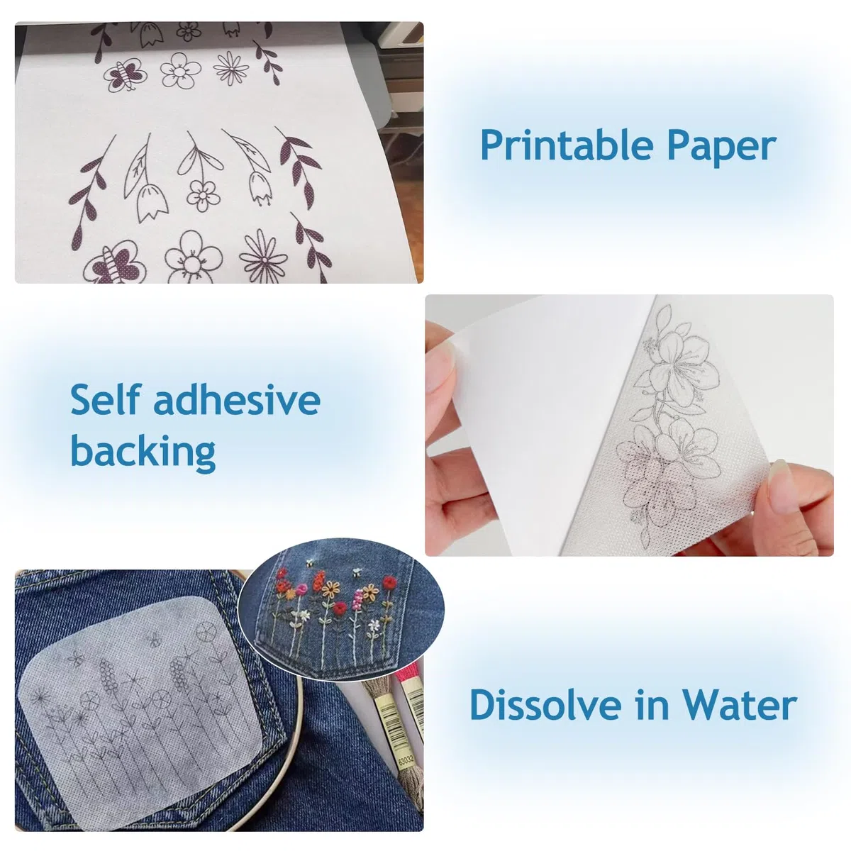 HKC Estabilizador de Bordado Autoadhesivo soluble en Agua, 24 piezas A4 (29,7 x 21 cm) Papel de Bordado Imprimible o Patrón de Dibujo, Papel Soluble para Bordar para Bordado a Mano y a Máquina