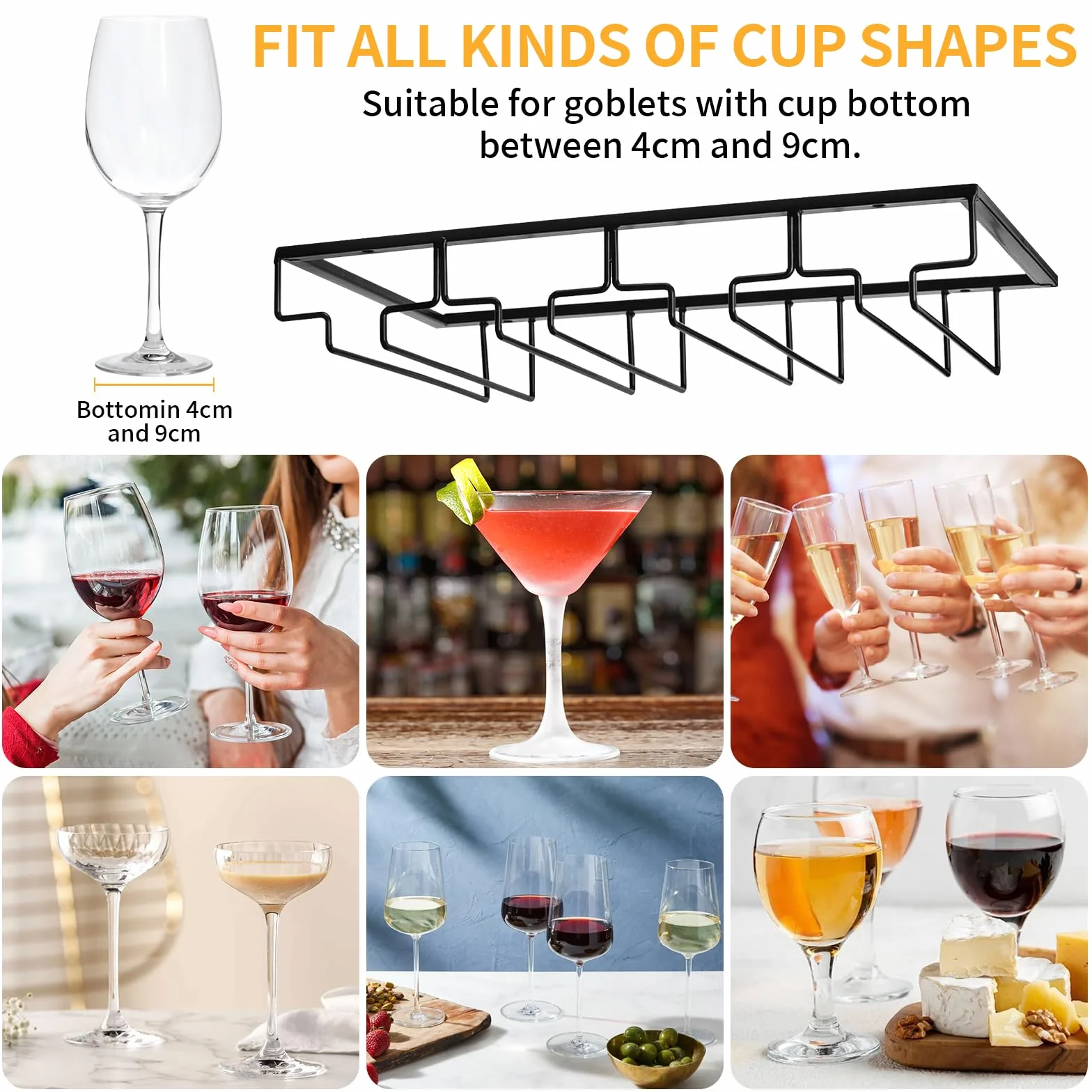 ROEXUN 2 Piezas 4 Filas Soportes para Copas de Vino de Metal,Estante Colgante para Copas de Vino con Tornillos,Colgador de Copas Invertido,Colgador Copas con Tallo para Familia,Restaurante,Hotel Bar