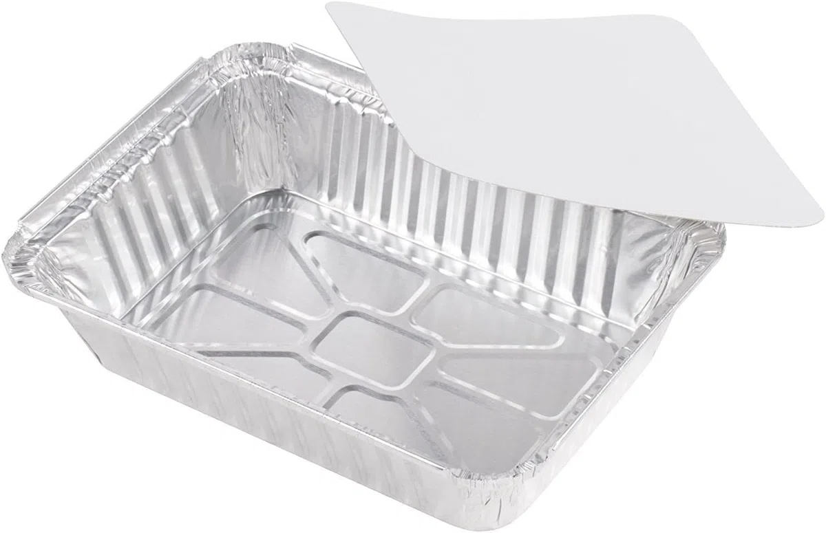 50 HEAVY DUTY desechables rectangular de aluminio sartenes de aluminio con tapa cubre | 100% reciclable lata bandeja de almacenamiento de alimentos | extrasturdy recipientes para cocinar, hornear,