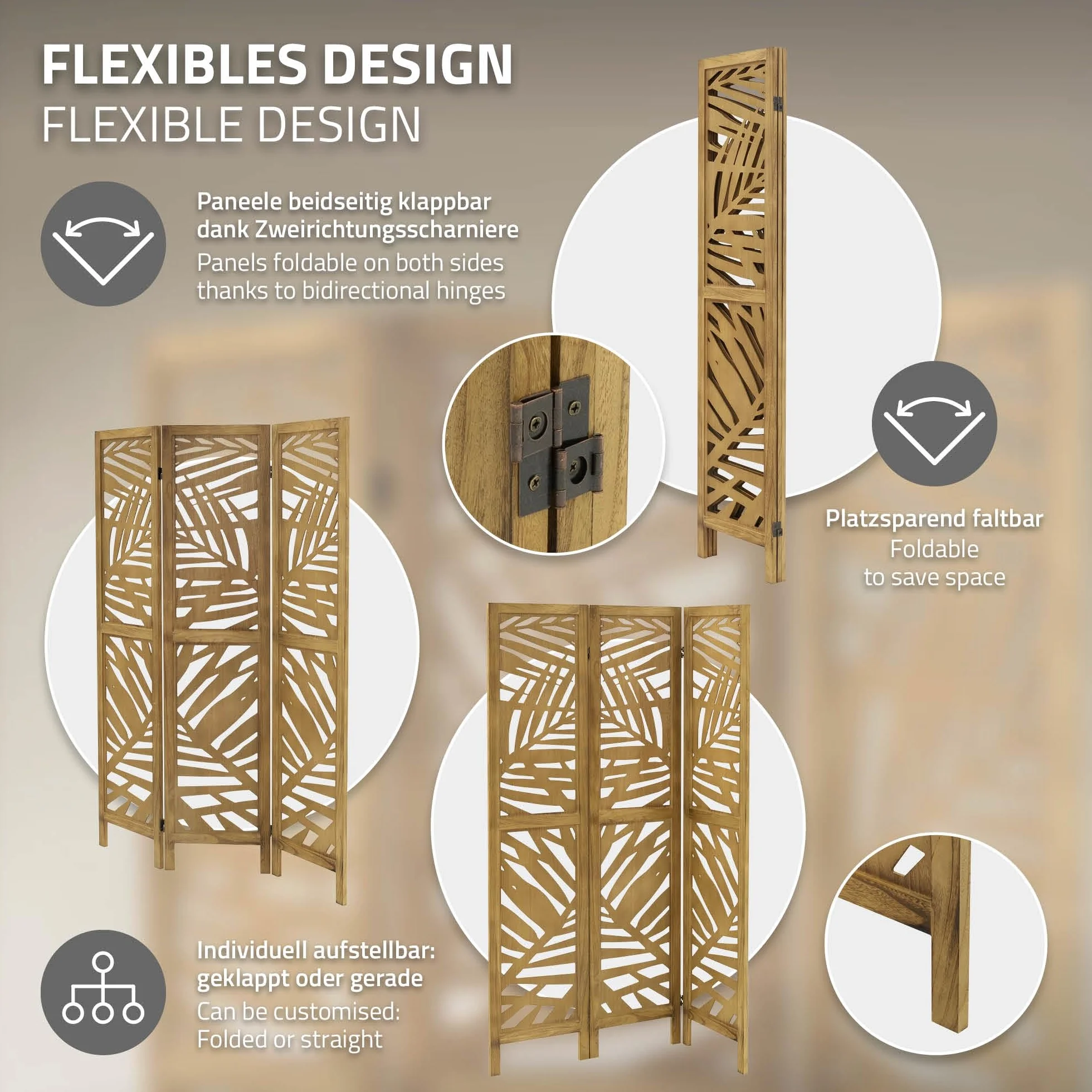 ML-Design Biombo Divisorio de 3 Paneles Modelo Kyoto de Madera Natural 170 x 121 cm, Separador de Ambientes Plegable para Interiores, Mampara Independiente para Vestuarios, Pantalla de Privacidad