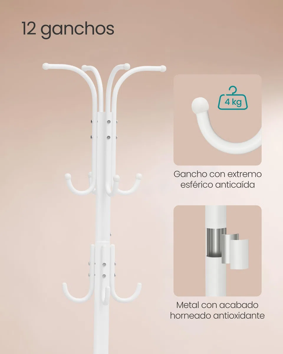 SONGMICS Perchero, Perchero con Paragüero, 12 Ganchos, Estructura Metálica, 175 cm de Alto, para Entrada, Salón, Dormitorio, Blanco Perla RCR011W01