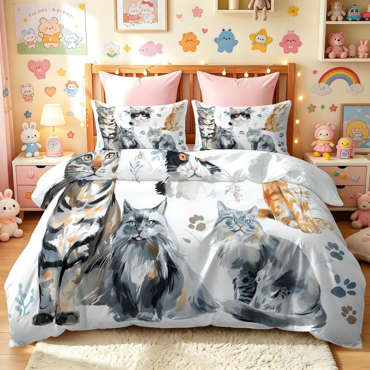 Juego de funda de edredón de tamaño King dibujado a mano con cremallera oculta, estampado de huellas de gato, microfibra con 2 fundas de almohada de 50 x 75 cm, reversible, transpirable