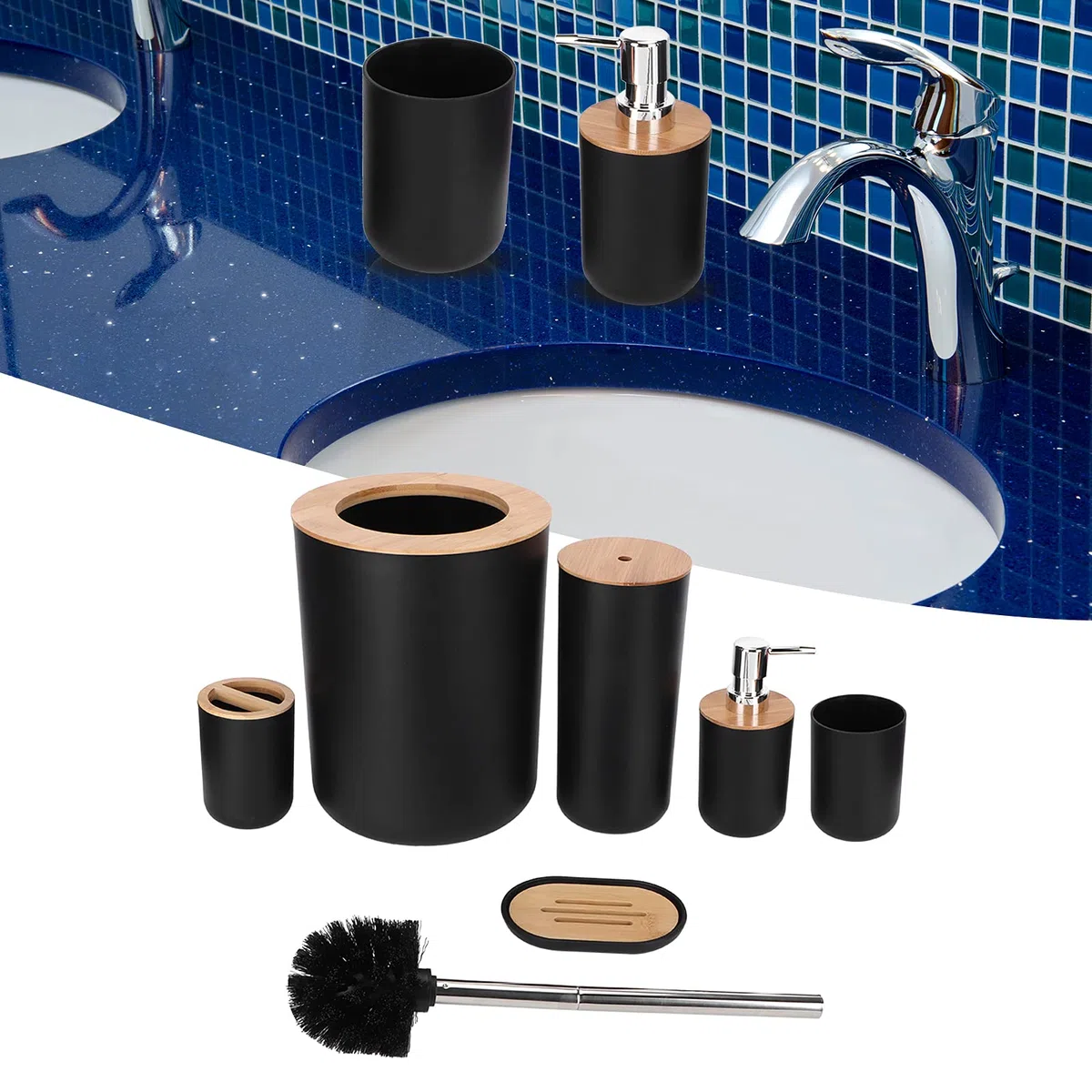 Juego de accesorios de baño de bambú, kit de limpieza de 6 piezas, soporte para cepillo de dientes, dispensador de jabón, jabonera, taza, cepillo de inodoro para decoración elegante del hogar