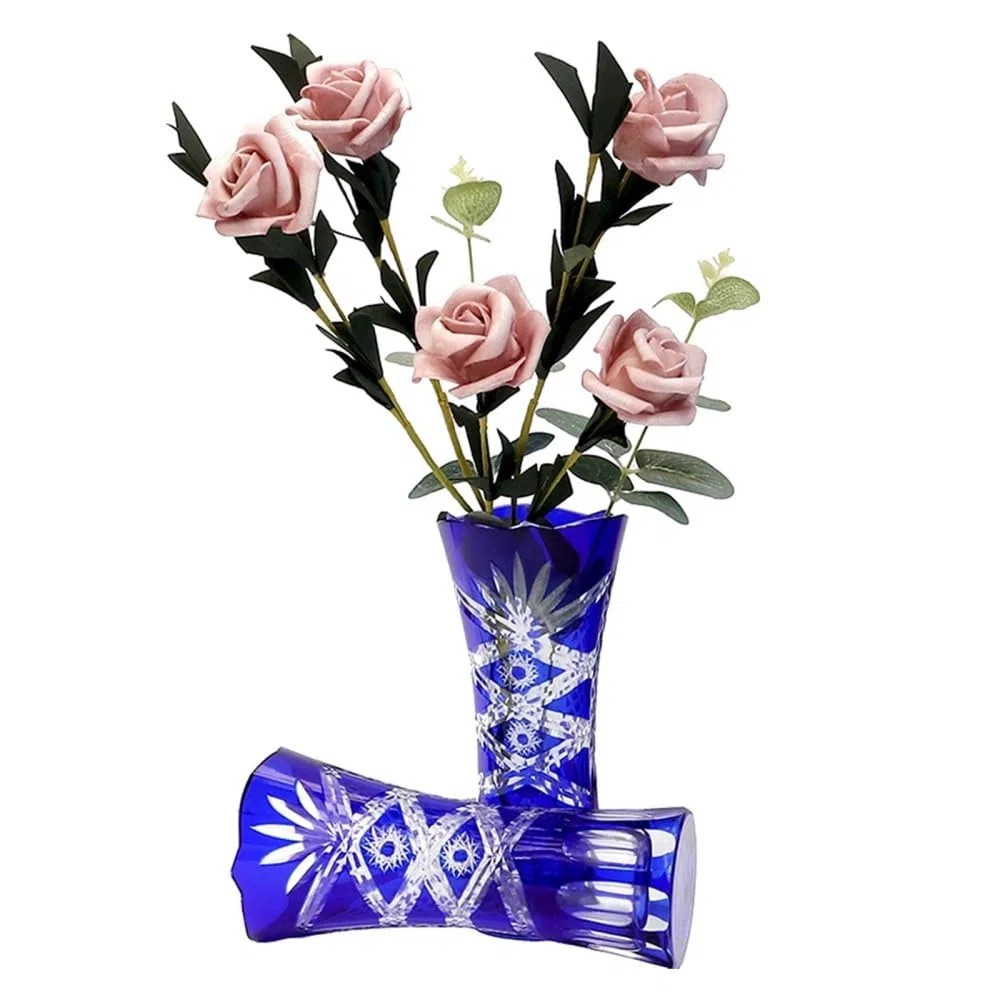 Jarrón, Elegante jarrón de Cristal Azul Estilo Bohemio checo Cortado a Mano for decoración de Cristal Transparente florero patrón Grabado para habitación, Biblioteca, Oficina, Entrada