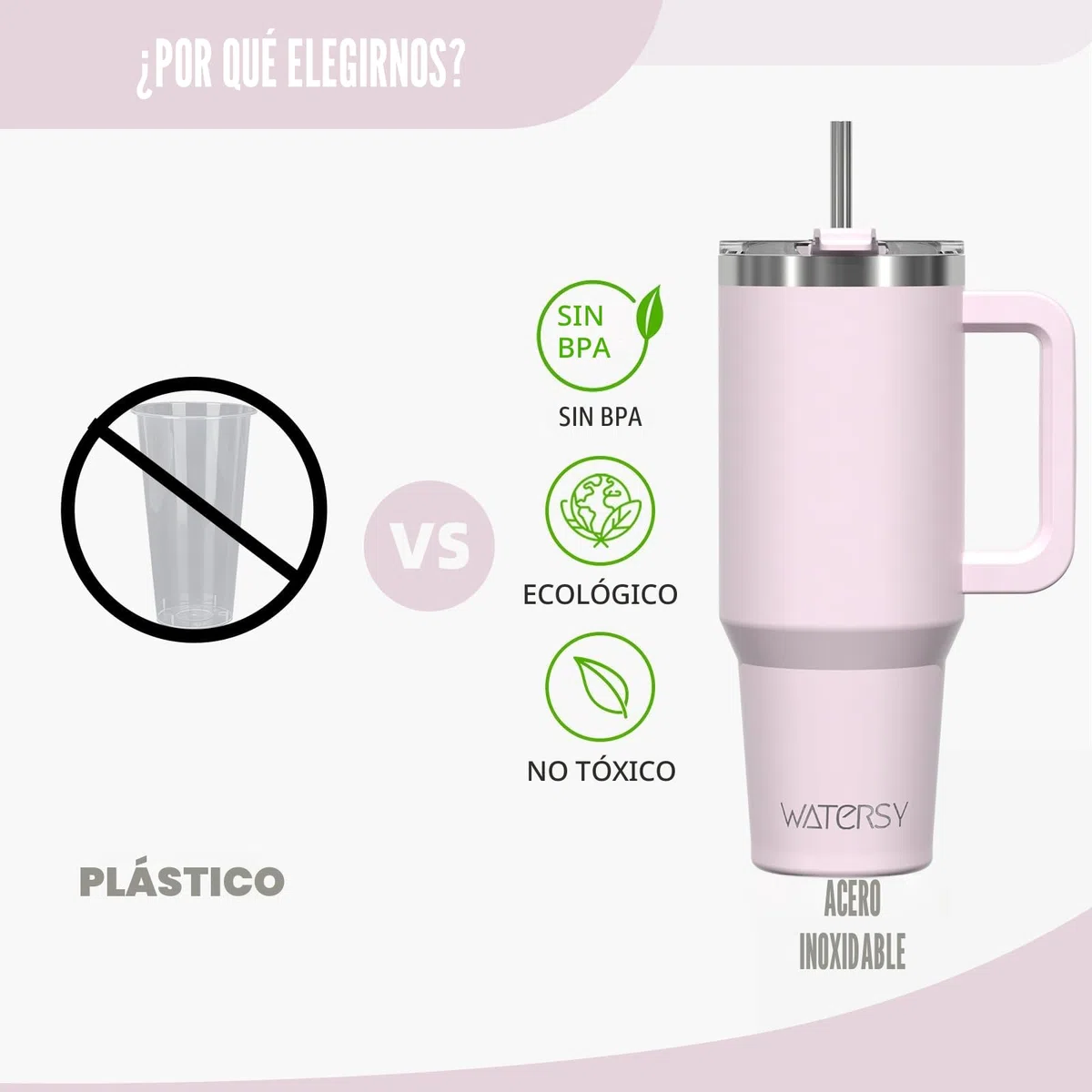WATERSY 1182 ml Termo con Asa, Grande Vaso Termico Acero Inoxidable, 40oz Rose Quartz Taza de Café con Pajita, Termo de Agua para Frío y Caliente, Travel Mug Doble Pared, para Gimnasio, Viaje