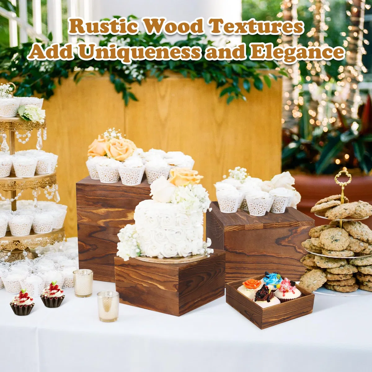 Paquete de 6 soportes de madera para exhibición, elevadores cuadrados de buffet para fiestas, soportes de madera para pasteles, soportes rústicos para cupcakes, cajas de madera para exhibición,