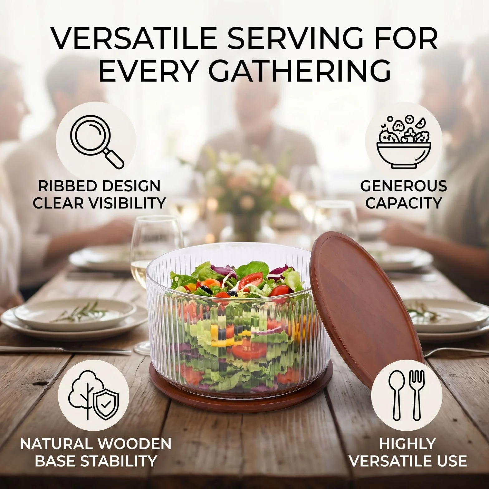 Haofy Ensaladera de Vidrio 9.06x5.91x5.71 Pulgadas 1700g Tazón de Vidrio Acanalado de Gran Capacidad con Tapa de Madera, Tazón Transparente para Servir para Cenas Familiares Ensaladas (claro)