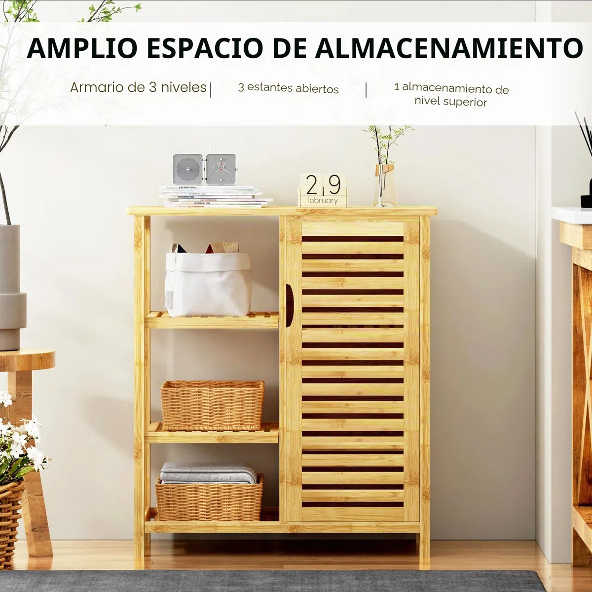 SogesPower Gabinete de Almacenamiento de Piso de baño con Puerta y estantes, Organizador de Almacenamiento Independiente con Puerta de Obturador, gabinete de bambú de 3 Niveles para Cocina, Sala