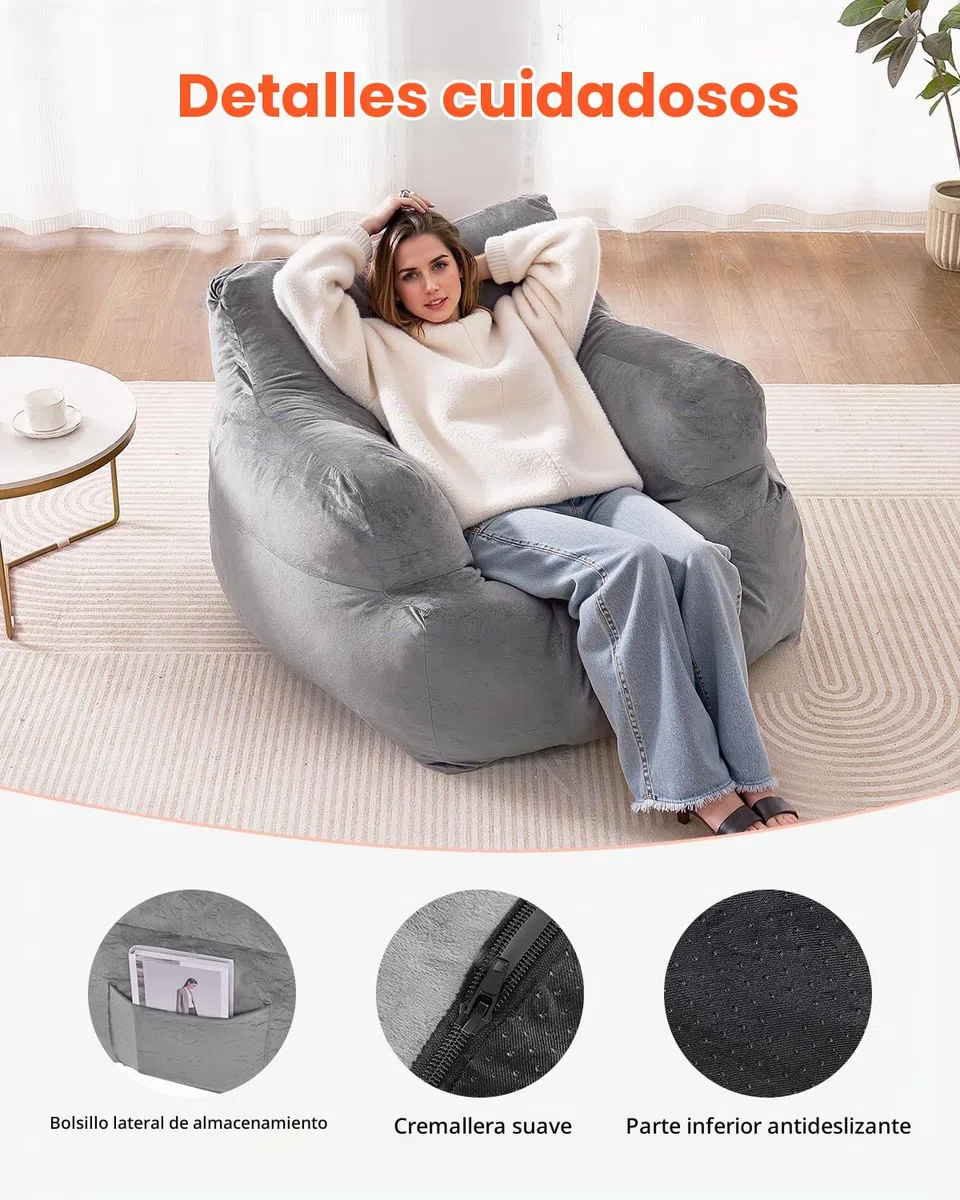 VEVOR Sillón Puff 1118 x 1143 x 780 mm con Reposabrazos para Adultos, Relleno de Felpa Esponjosa y Espuma de Alta Densidad, Sillón Puff para Adultos con Zapper para Sala de Estar, Dormitorio, Gris