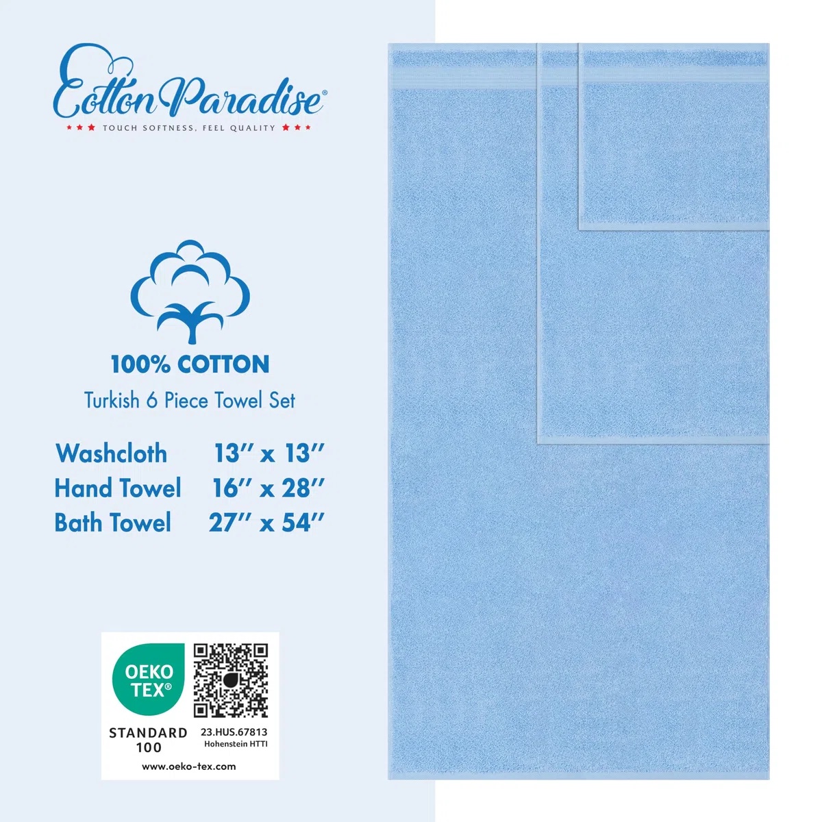 Cotton Paradise Juego de Toallas de 6 Piezas, 100% algodón Turco Suave y Absorbente para baño, 2 Toallas de baño, 2 Toallas de Mano y 2 paños, Juego de Toallas Azul Cielo