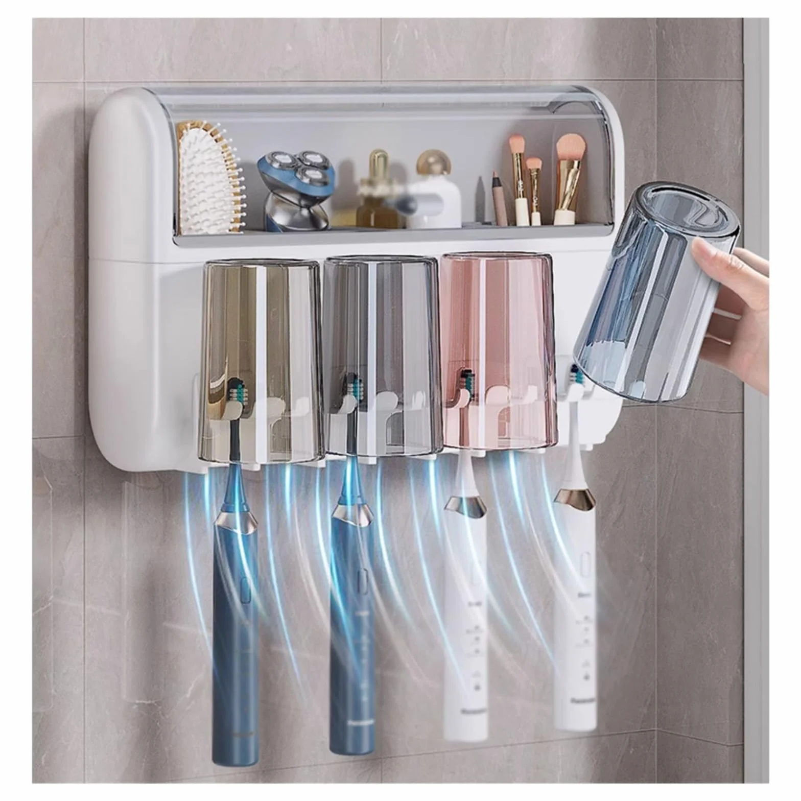 Soporte de Pared para cepillos de Dientes, Estante de Almacenamiento de cosméticos para baño con Tapa, Soporte para Pasta de Dientes sin perforación (A S24cm)