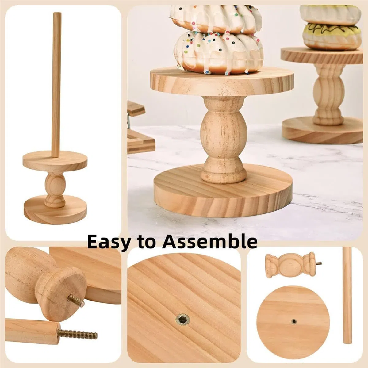 Soporte de Donuts 4 Piezas Torre de Exhibición de Madera | Portabagels De Madera Para Para Postres Bodas Cumpleaños Navidad Shower Servicio De Mesa Buffet Hogar Restaurante Casa De