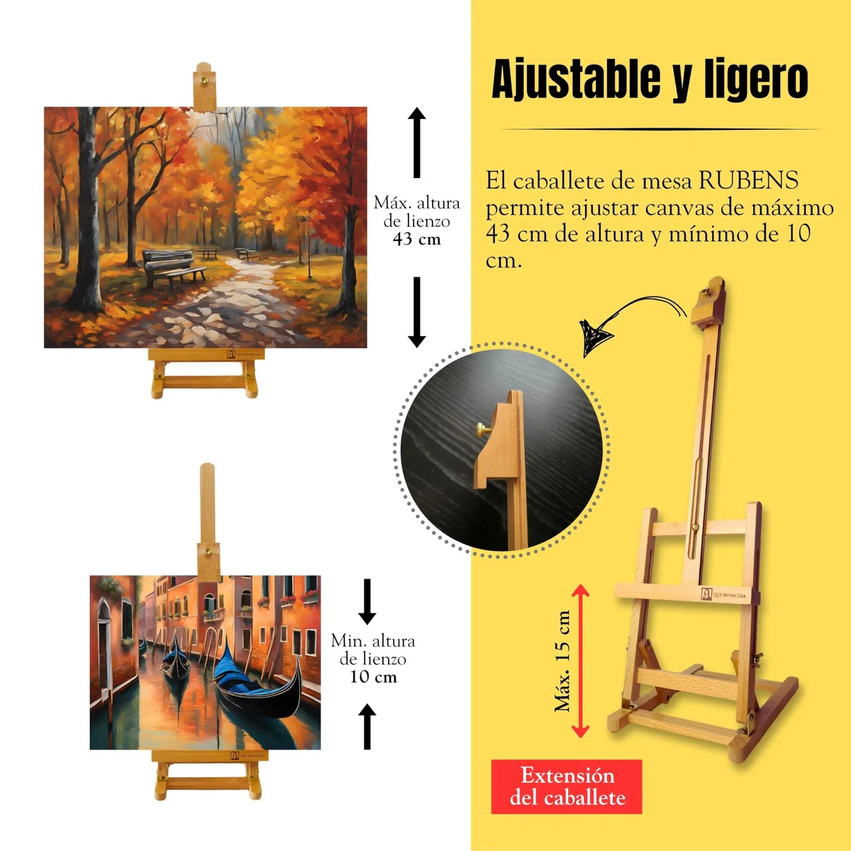 Caballete mesa plegable RUBENS, Altura Ajustable para lienzos, Caballete Madera de Haya para pintar, atril pintura para adultos, niños, principiantes. Soporte de tablets libros, decoración mesa