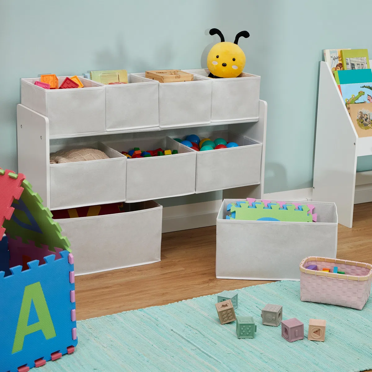 Relaxdays Estantería Infantil con 9 Cajas de Tela, 60 x 92 x 30 cm, Organizador Juguetes, Cómoda Cuarto Niños, Blanco