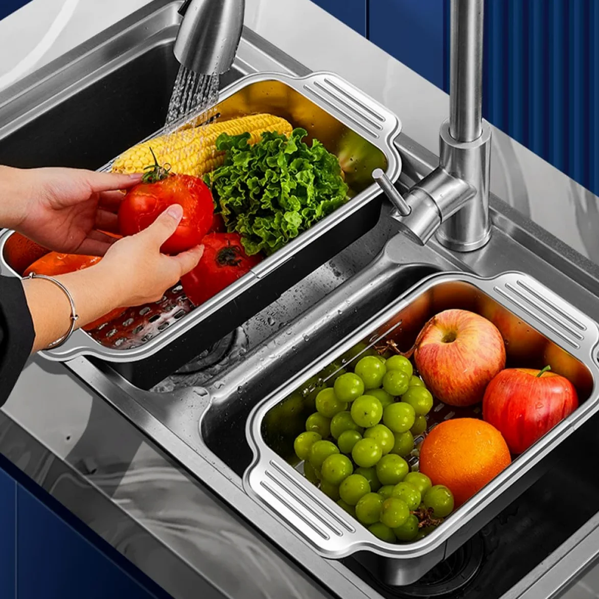 BESPORTBLE Cesta Coladora Expandible de Acero Inoxidable 304 para Fregadero, Escurridor Grande (34-44 Cm), Filtro de Residuos de Cocina y Colador para Verduras y Frutas