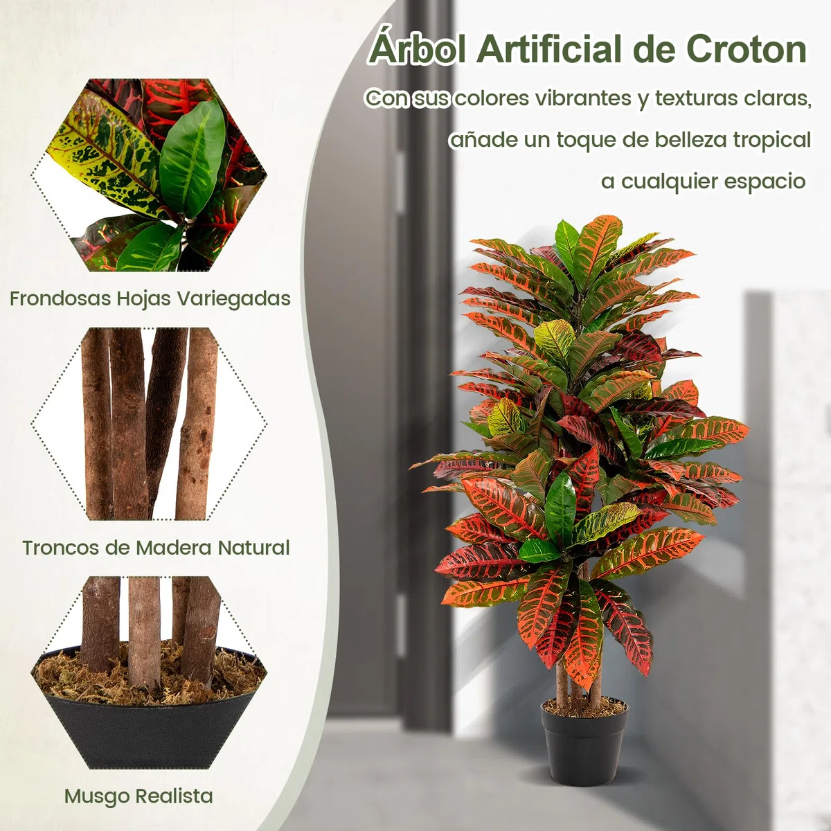 RELAX4LIFE Planta Artificial Decorativas 100 cm, Planta Artificial de Crotono con 71 Hojas Grandes, Tronco de Madera y Maceta, Planta Artificial para Salón, Oficina y Hogar, Ø67x100cm (Verde+Rojo)