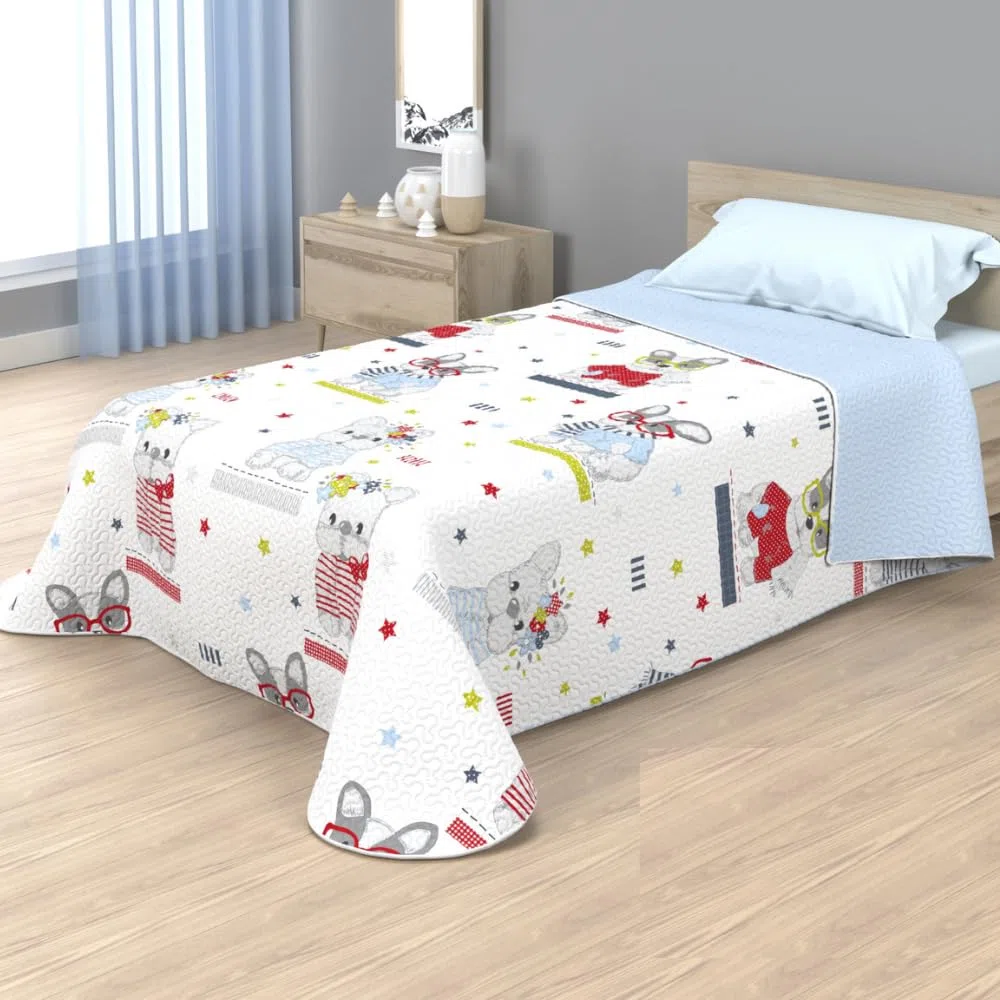 Colcha bouti infantil con acolchado termosellado para camas 90 y 105 cm, con diseños de piratas, unicornios, perritos y cerditos... Ideal para primavera y verano (Perritos, 105)