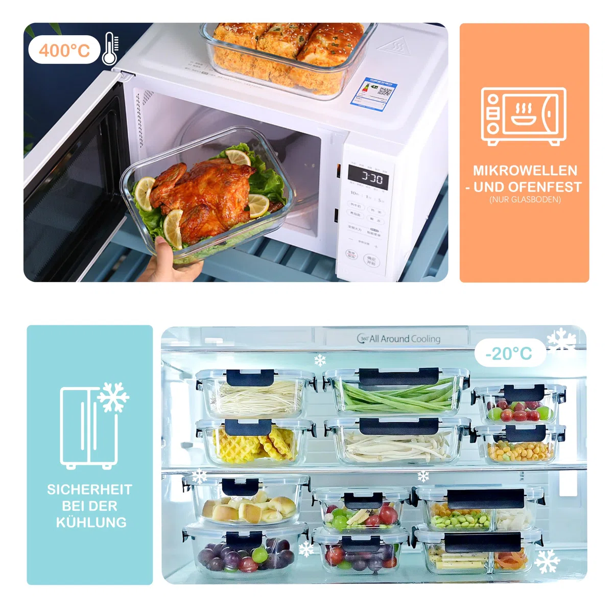 ERUIV Fiambreras de cristal con tapa, 2 recipientes de cristal de 640 ml, recipiente de cristal transparente con tapa, apto para microondas y congelador, a prueba de fugas, sin BPA, transparente, sin