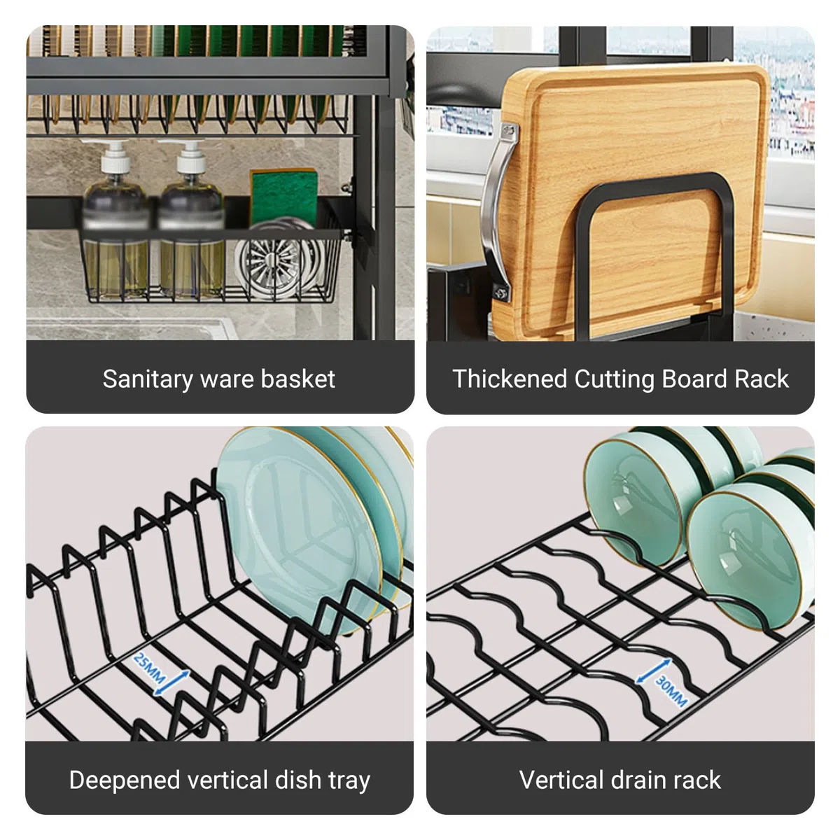 Escurridor de platos sobre el fregadero, organizador grande de encimera de cocina con cubierta y soportes para utensilios, para platos, vasos, cuencos, cubiertos