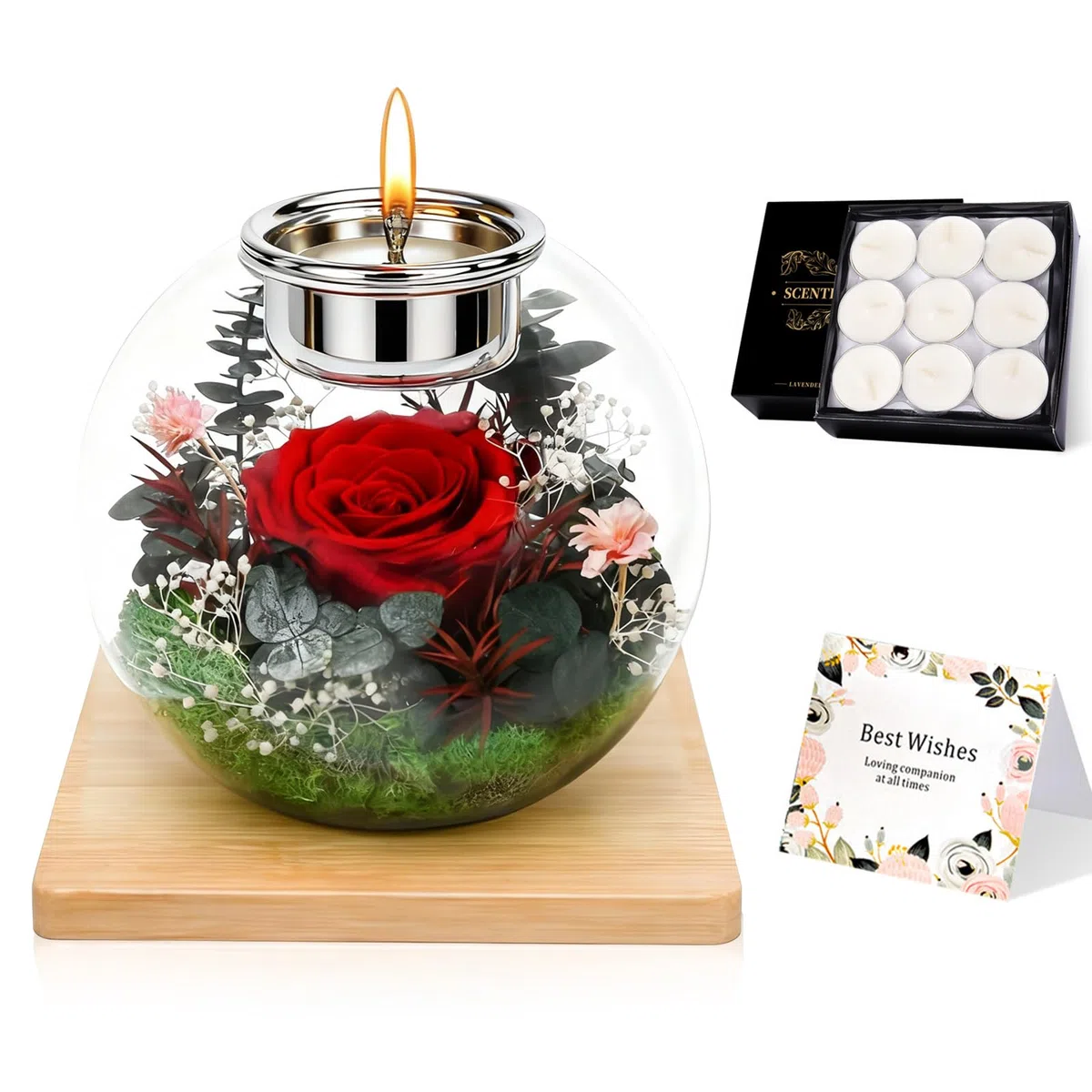 Rosa eterna en cristal, regalos para mujeres, flores conservadas para mujeres, mamá, novia, contacto redondo de cristal con 18 velas perfumadas, regalo para Navidad, día de la madre, día de San